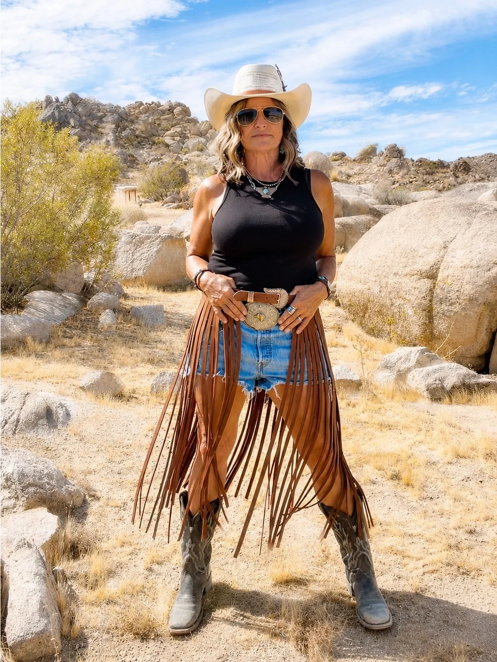 The Badlands Brown Long Fringe Leather Skirt Handmade by Dirty Mojave Leather
